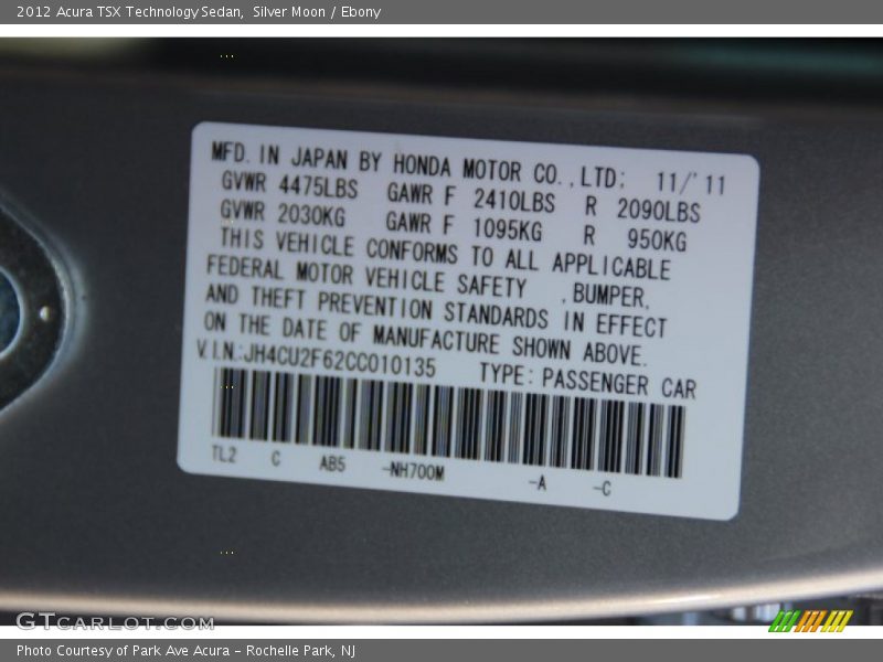 Silver Moon / Ebony 2012 Acura TSX Technology Sedan