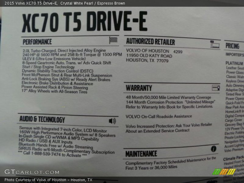  2015 XC70 T5 Drive-E Window Sticker