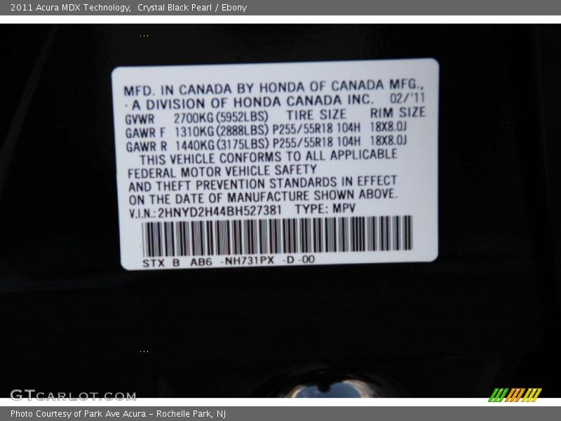 Crystal Black Pearl / Ebony 2011 Acura MDX Technology