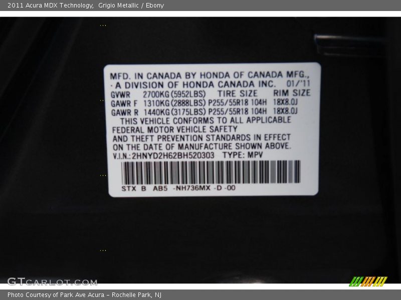 Grigio Metallic / Ebony 2011 Acura MDX Technology