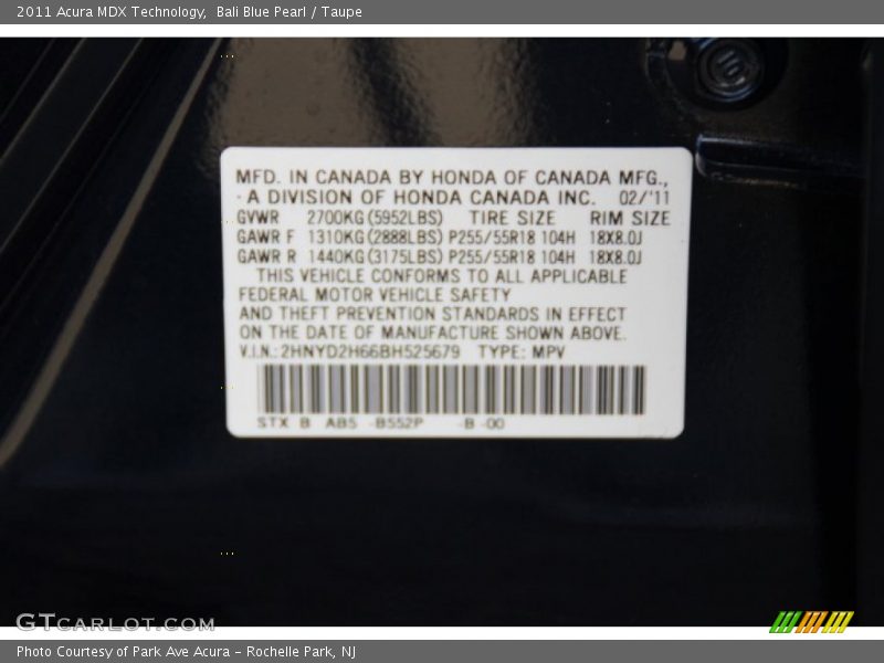 Bali Blue Pearl / Taupe 2011 Acura MDX Technology