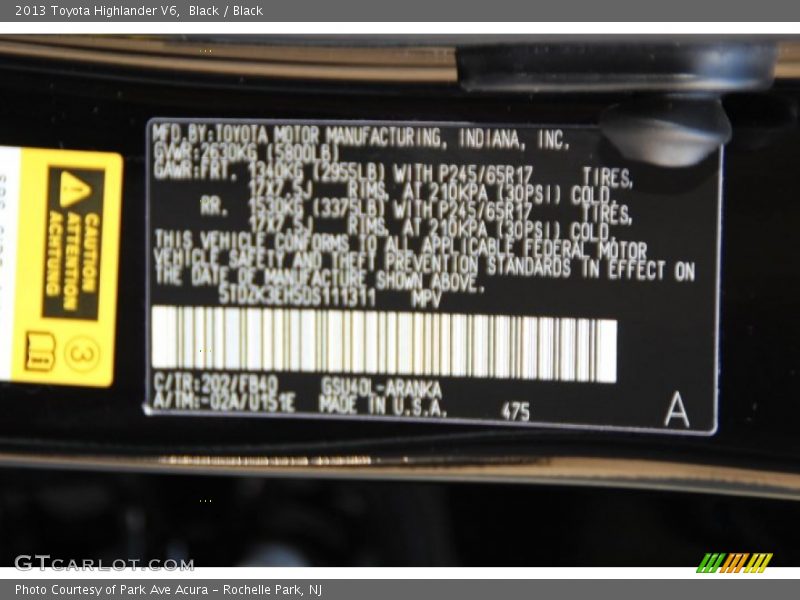 Black / Black 2013 Toyota Highlander V6