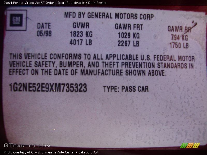 Sport Red Metallic / Dark Pewter 2004 Pontiac Grand Am SE Sedan