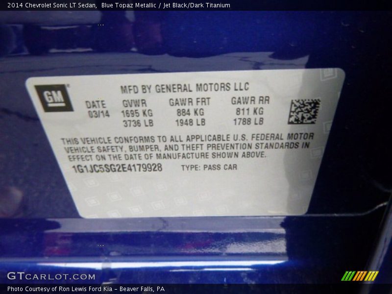 Blue Topaz Metallic / Jet Black/Dark Titanium 2014 Chevrolet Sonic LT Sedan