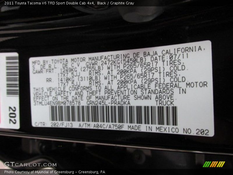 Black / Graphite Gray 2011 Toyota Tacoma V6 TRD Sport Double Cab 4x4