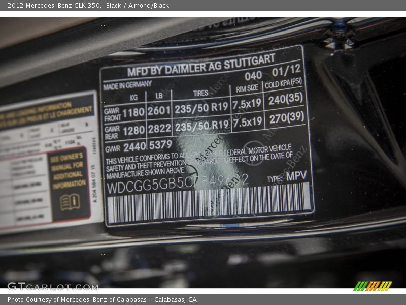 Black / Almond/Black 2012 Mercedes-Benz GLK 350