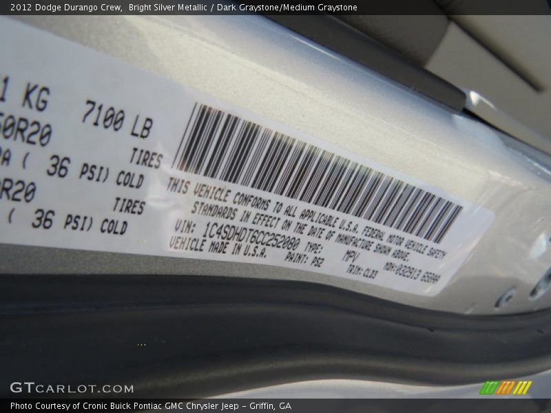 Bright Silver Metallic / Dark Graystone/Medium Graystone 2012 Dodge Durango Crew