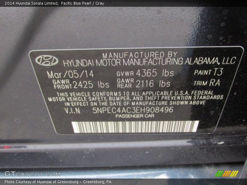 Pacific Blue Pearl / Gray 2014 Hyundai Sonata Limited