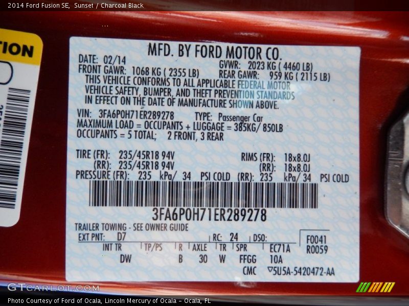 2014 Fusion SE Sunset Color Code D7