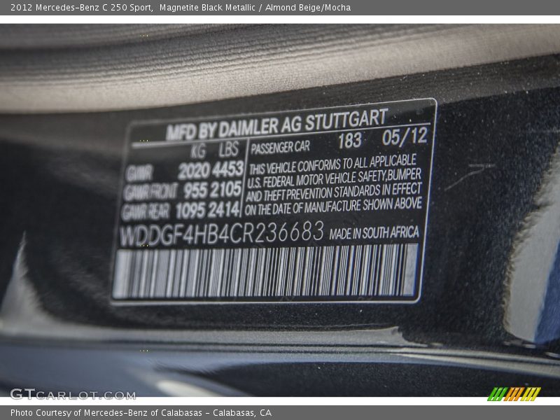 Magnetite Black Metallic / Almond Beige/Mocha 2012 Mercedes-Benz C 250 Sport