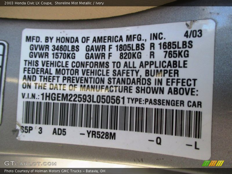 Shoreline Mist Metallic / Ivory 2003 Honda Civic LX Coupe
