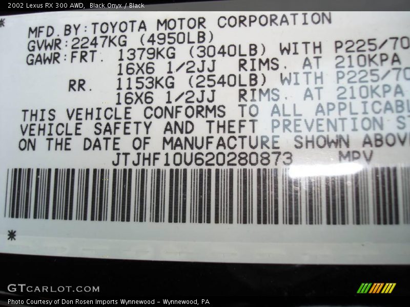 Black Onyx / Black 2002 Lexus RX 300 AWD