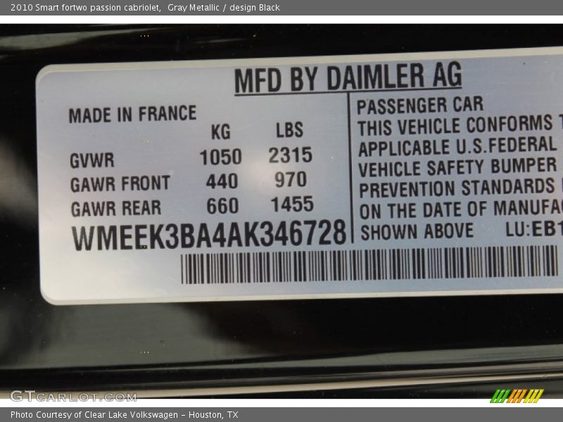 Gray Metallic / design Black 2010 Smart fortwo passion cabriolet