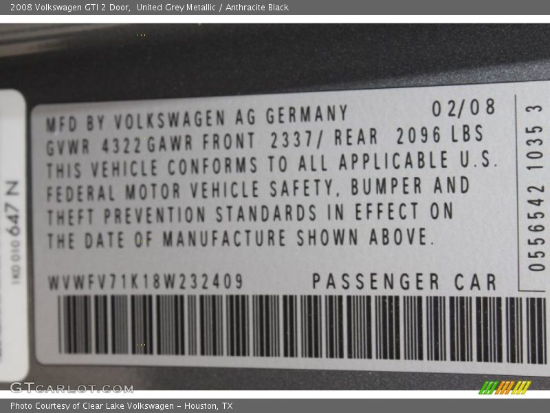 United Grey Metallic / Anthracite Black 2008 Volkswagen GTI 2 Door
