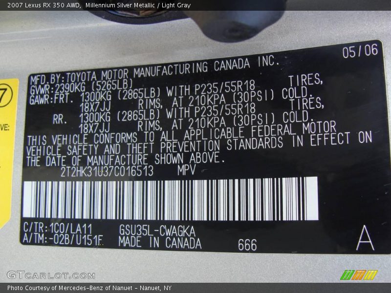Millennium Silver Metallic / Light Gray 2007 Lexus RX 350 AWD