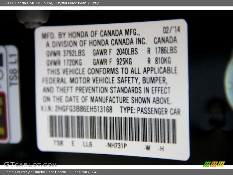 Crystal Black Pearl / Gray 2014 Honda Civic EX Coupe