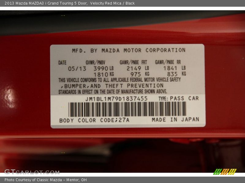 2013 MAZDA3 i Grand Touring 5 Door Velocity Red Mica Color Code 27A