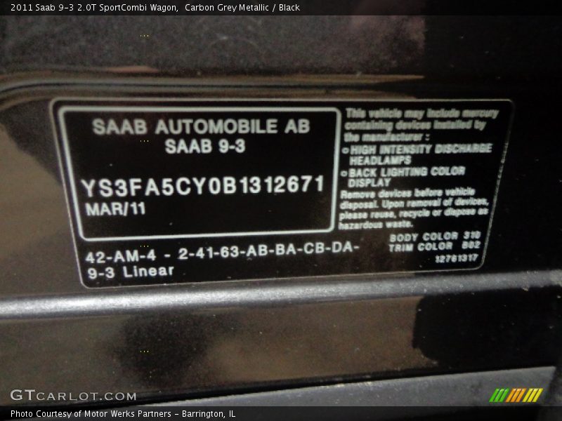 Carbon Grey Metallic / Black 2011 Saab 9-3 2.0T SportCombi Wagon