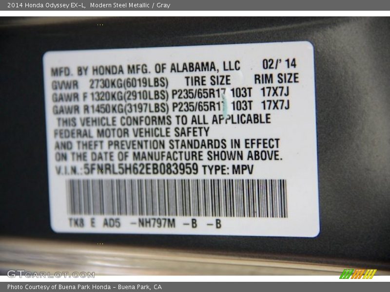 Modern Steel Metallic / Gray 2014 Honda Odyssey EX-L