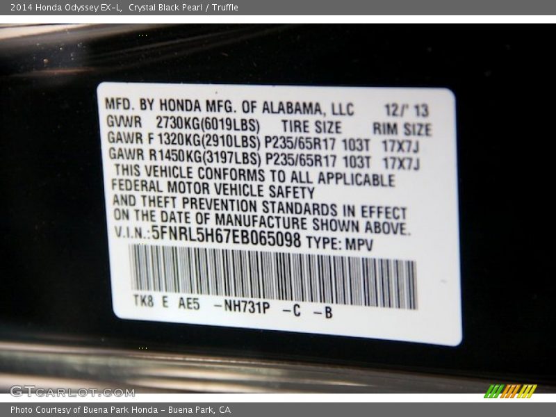 Crystal Black Pearl / Truffle 2014 Honda Odyssey EX-L