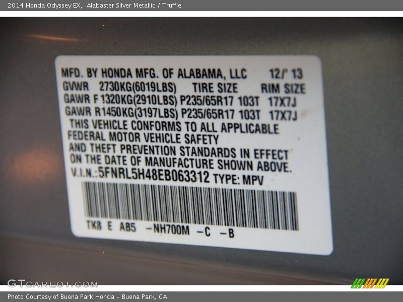 Alabaster Silver Metallic / Truffle 2014 Honda Odyssey EX