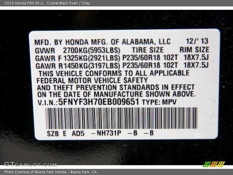 Crystal Black Pearl / Gray 2014 Honda Pilot EX-L