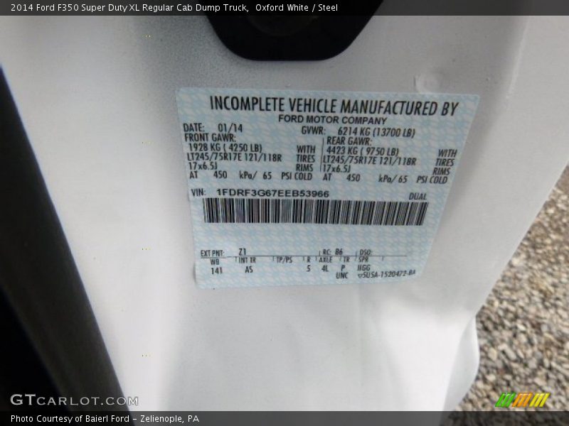 2014 F350 Super Duty XL Regular Cab Dump Truck Oxford White Color Code Z1