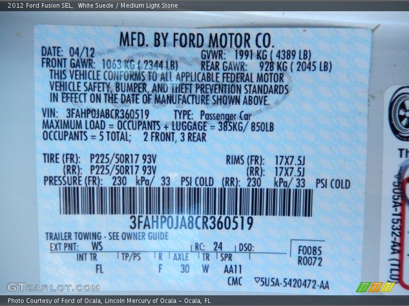 White Suede / Medium Light Stone 2012 Ford Fusion SEL