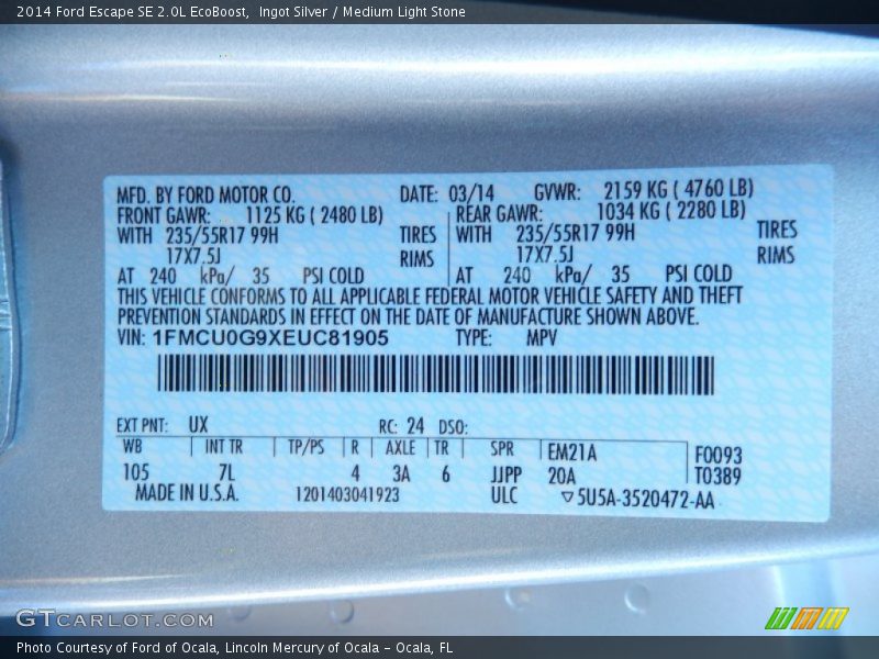 Ingot Silver / Medium Light Stone 2014 Ford Escape SE 2.0L EcoBoost