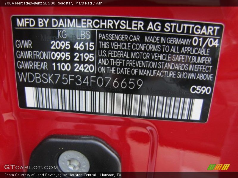 2004 SL 500 Roadster Mars Red Color Code 590