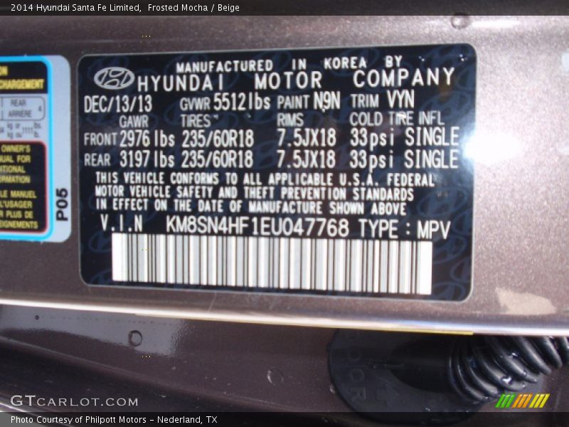 2014 Santa Fe Limited Frosted Mocha Color Code N9N