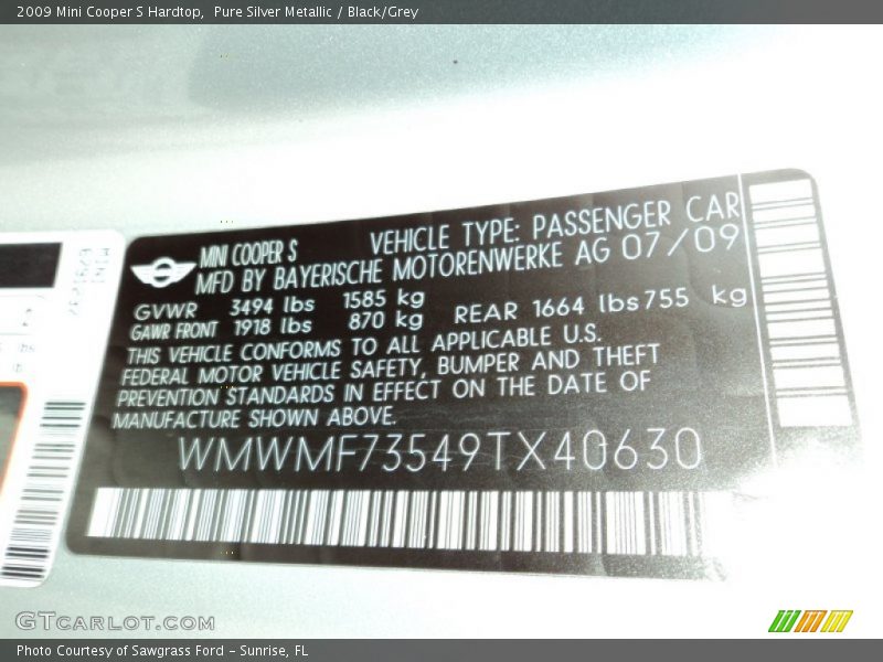 Pure Silver Metallic / Black/Grey 2009 Mini Cooper S Hardtop