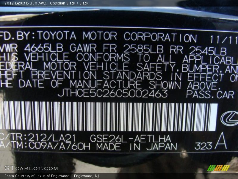 Obsidian Black / Black 2012 Lexus IS 350 AWD