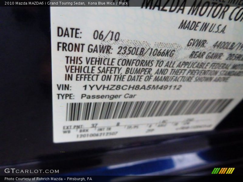 Kona Blue Mica / Black 2010 Mazda MAZDA6 i Grand Touring Sedan