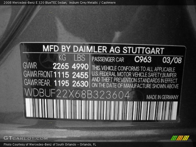 2008 E 320 BlueTEC Sedan Indium Grey Metallic Color Code 963