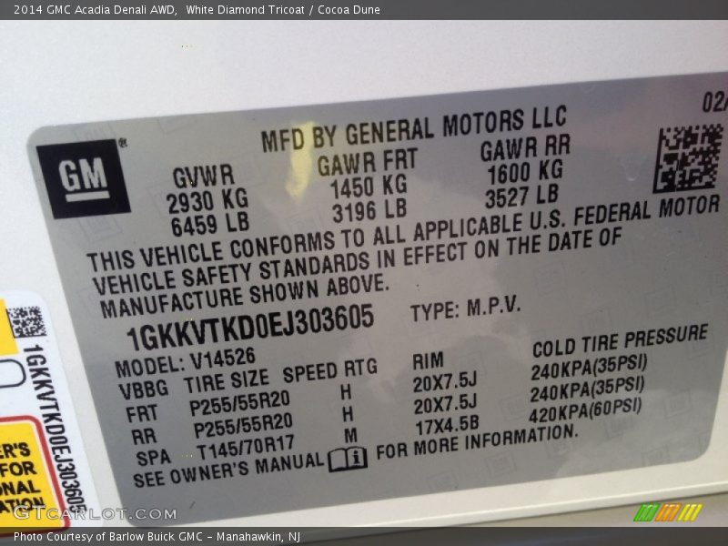 White Diamond Tricoat / Cocoa Dune 2014 GMC Acadia Denali AWD