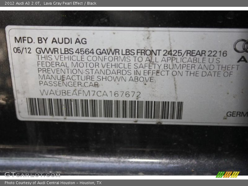 Lava Gray Pearl Effect / Black 2012 Audi A3 2.0T