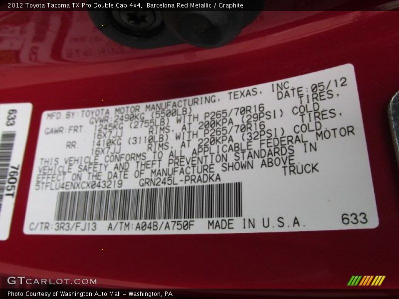 Barcelona Red Metallic / Graphite 2012 Toyota Tacoma TX Pro Double Cab 4x4