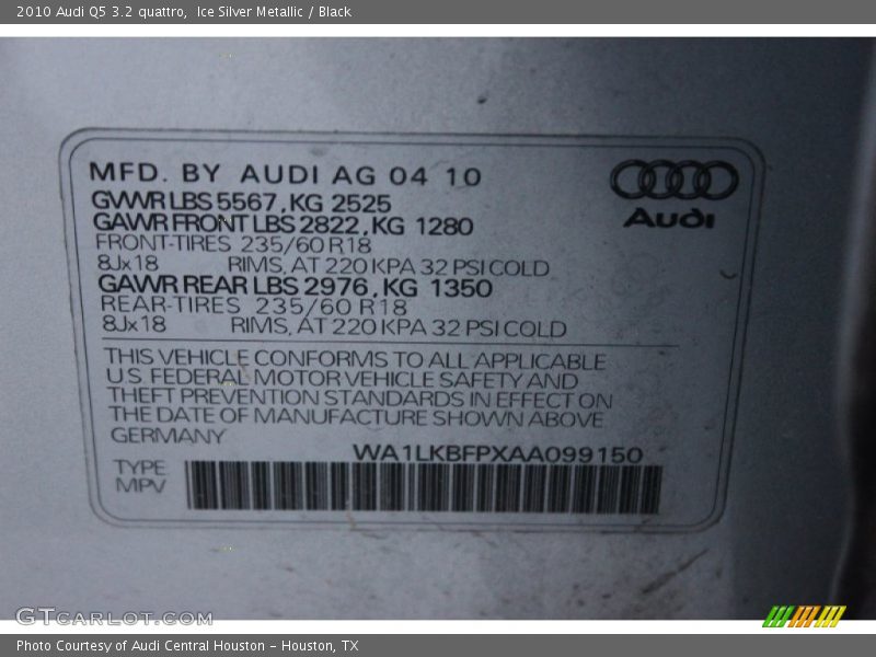 Ice Silver Metallic / Black 2010 Audi Q5 3.2 quattro