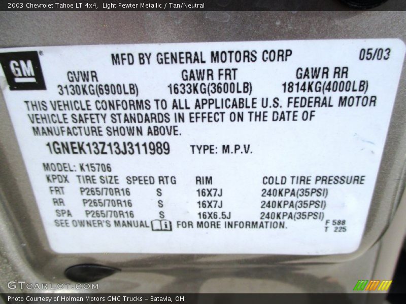 Light Pewter Metallic / Tan/Neutral 2003 Chevrolet Tahoe LT 4x4