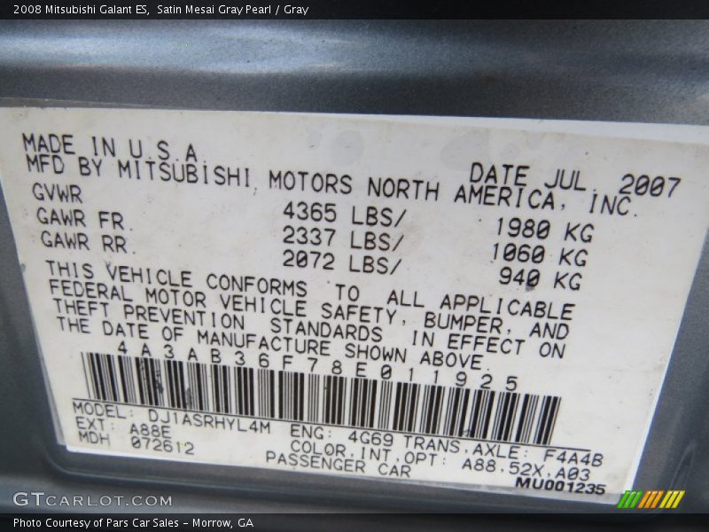 Satin Mesai Gray Pearl / Gray 2008 Mitsubishi Galant ES