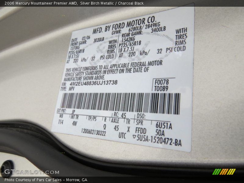 Silver Birch Metallic / Charcoal Black 2006 Mercury Mountaineer Premier AWD