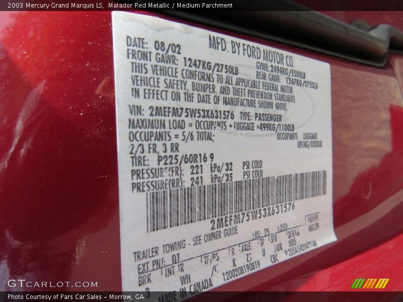 2003 Grand Marquis LS Matador Red Metallic Color Code DT