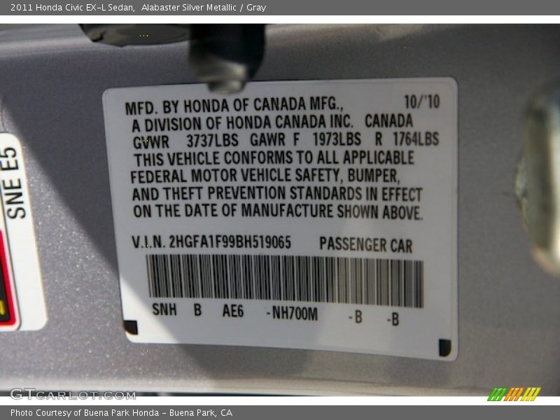 Alabaster Silver Metallic / Gray 2011 Honda Civic EX-L Sedan