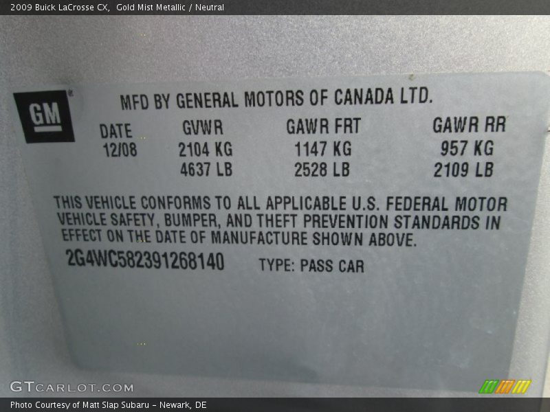 Gold Mist Metallic / Neutral 2009 Buick LaCrosse CX