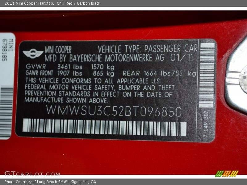 Chili Red / Carbon Black 2011 Mini Cooper Hardtop