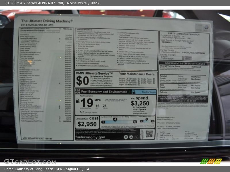  2014 7 Series ALPINA B7 LWB Window Sticker