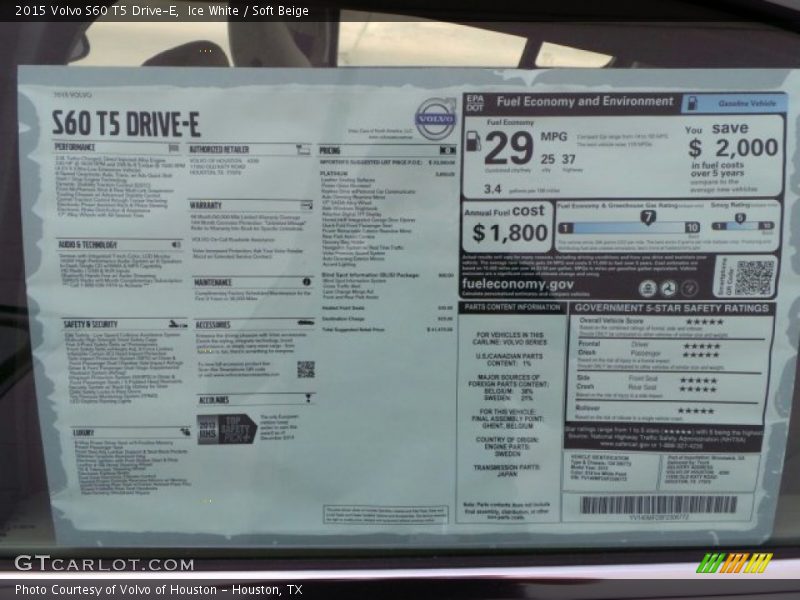  2015 S60 T5 Drive-E Window Sticker