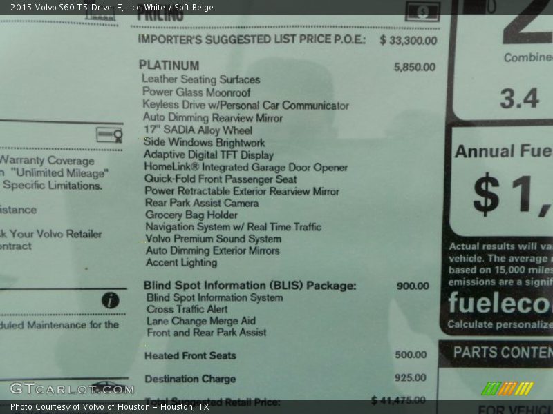  2015 S60 T5 Drive-E Window Sticker