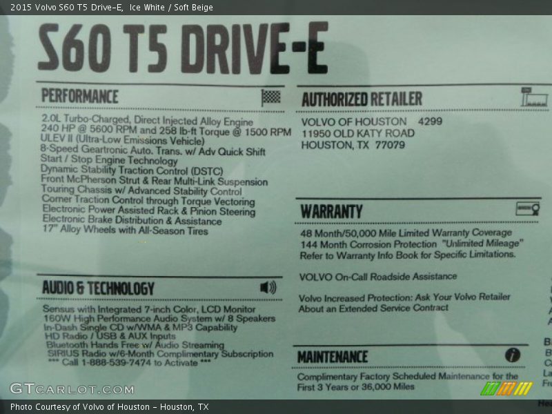  2015 S60 T5 Drive-E Window Sticker